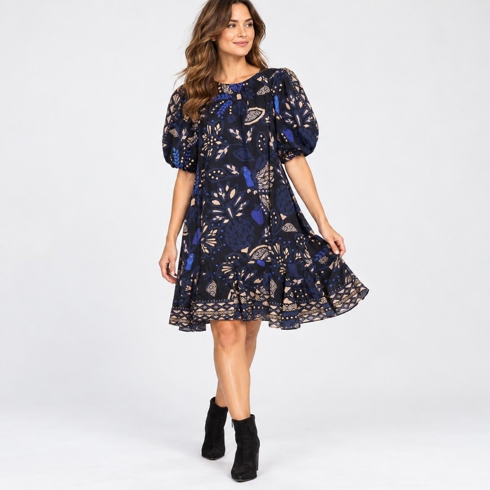 Farm Rio Macaw Forest Boho Mini Dress Womens XS Puff Sleeve Cotton Lined Ruffle